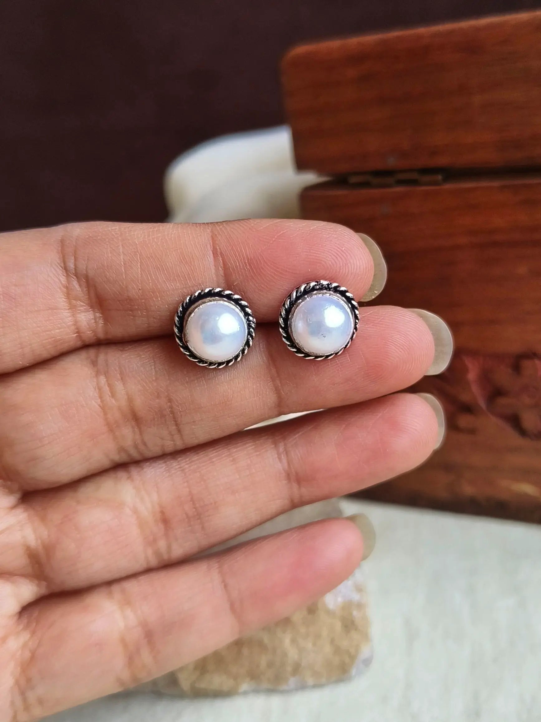 Handmade Oxidised Pearl Stud Earrings | Sarichka Fashion