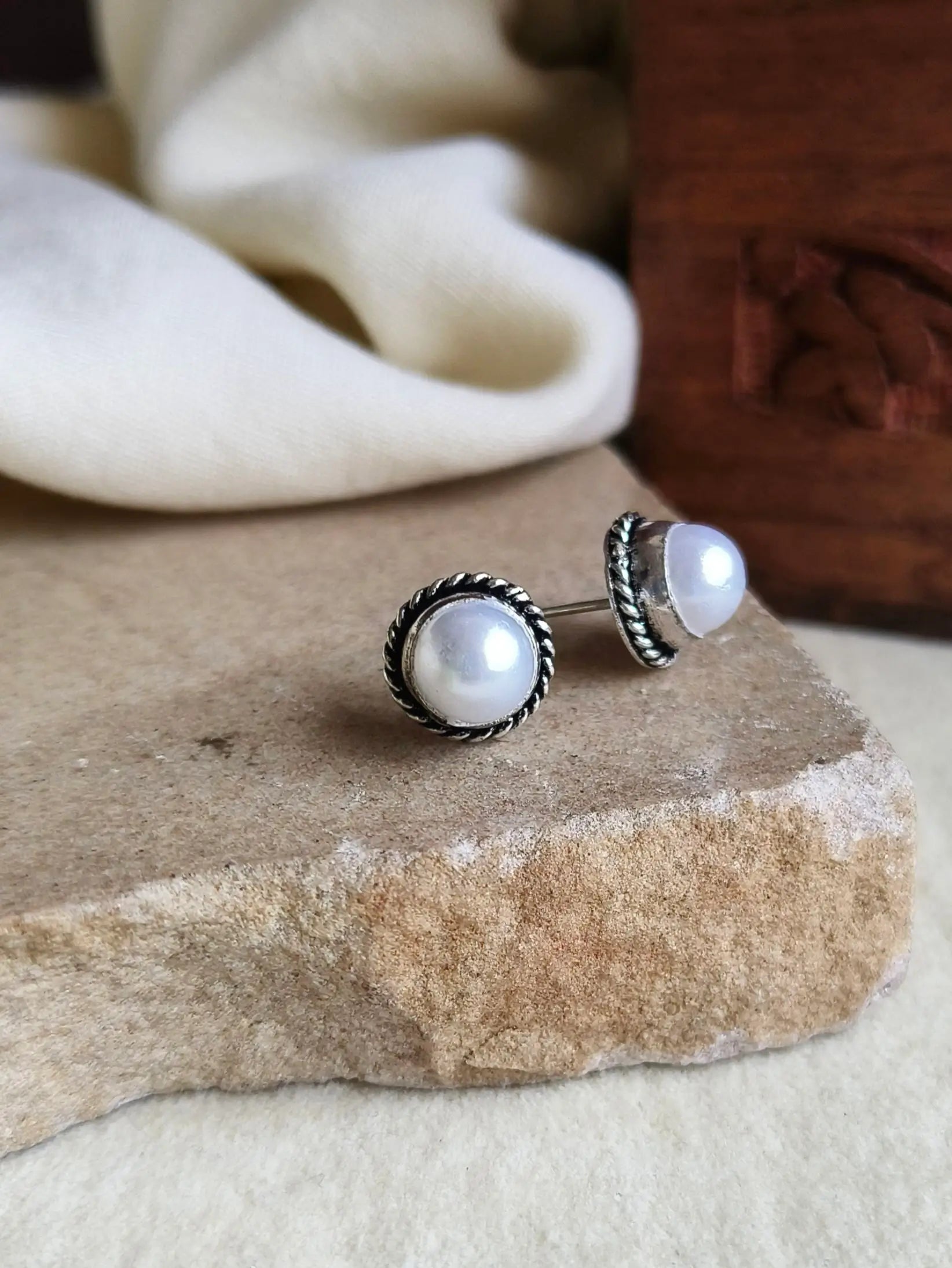 Handmade Oxidised Pearl Stud Earrings | Sarichka Fashion