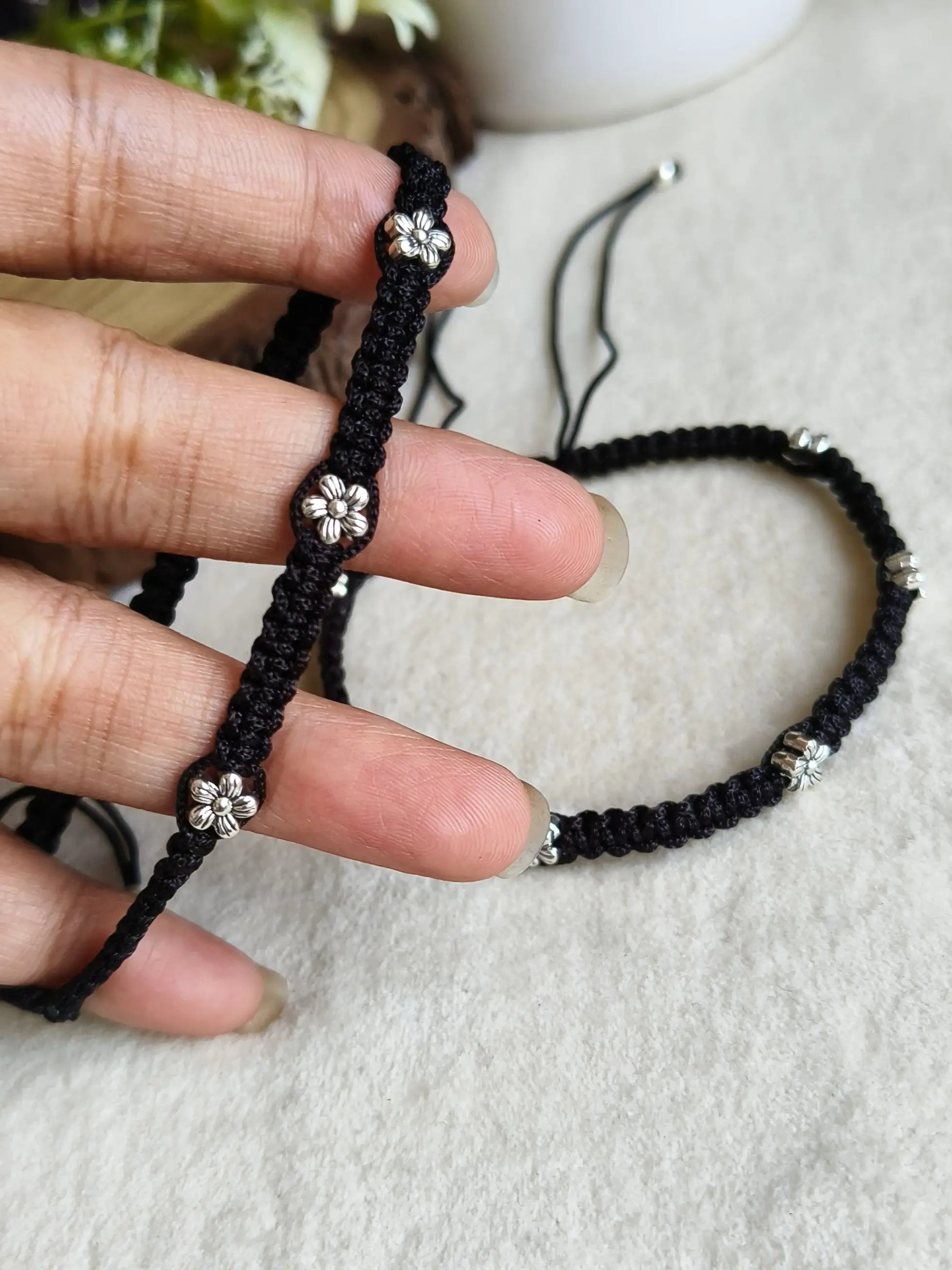 German Silver Charm Black Thread Anklets | Sarichka Fashion