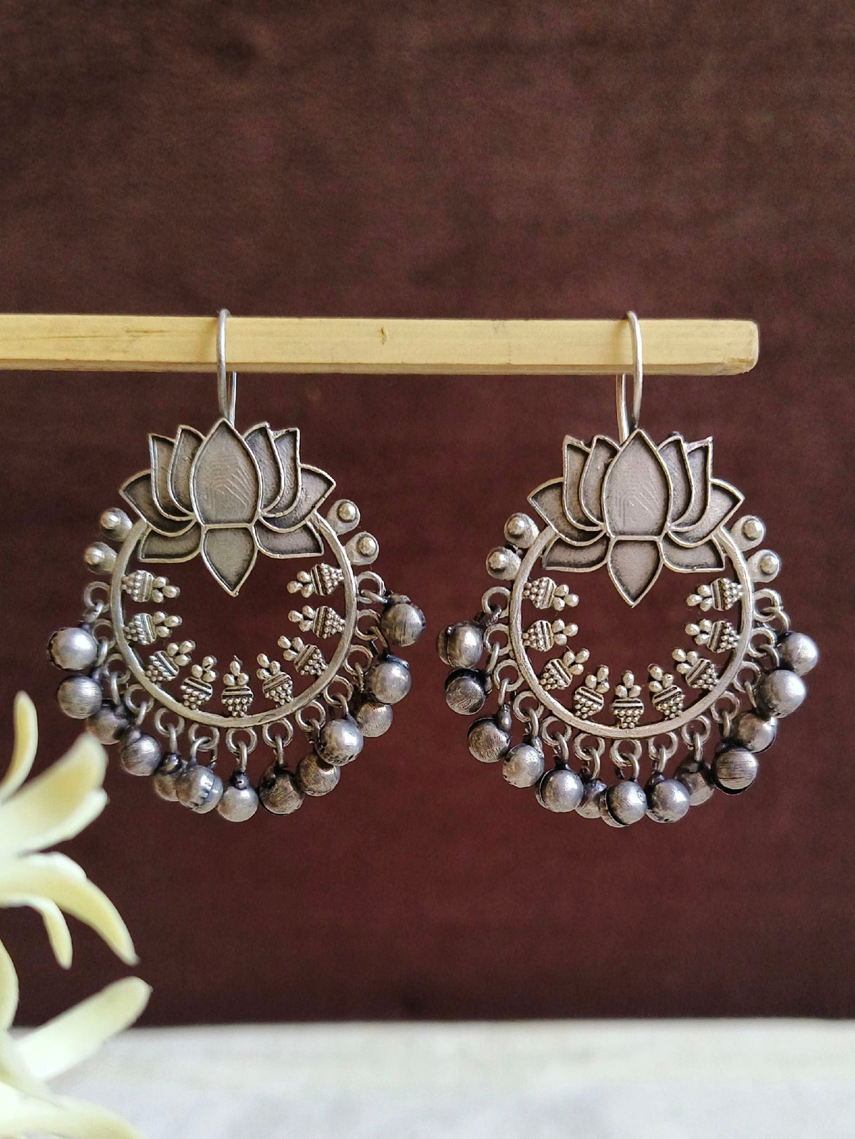 Antique Lotus Floral Oxidised Hook Earrings | Sarichka Fashion