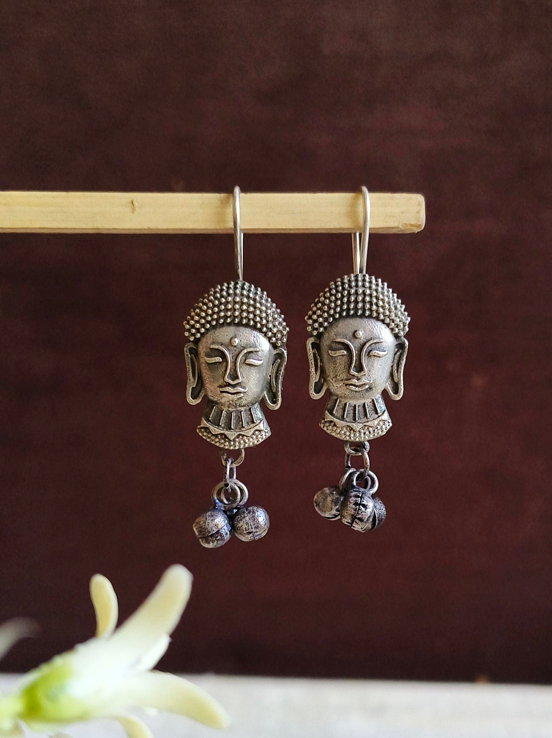Antique Silver Buddha Face Hook Earrings  | Sarichka Fashion