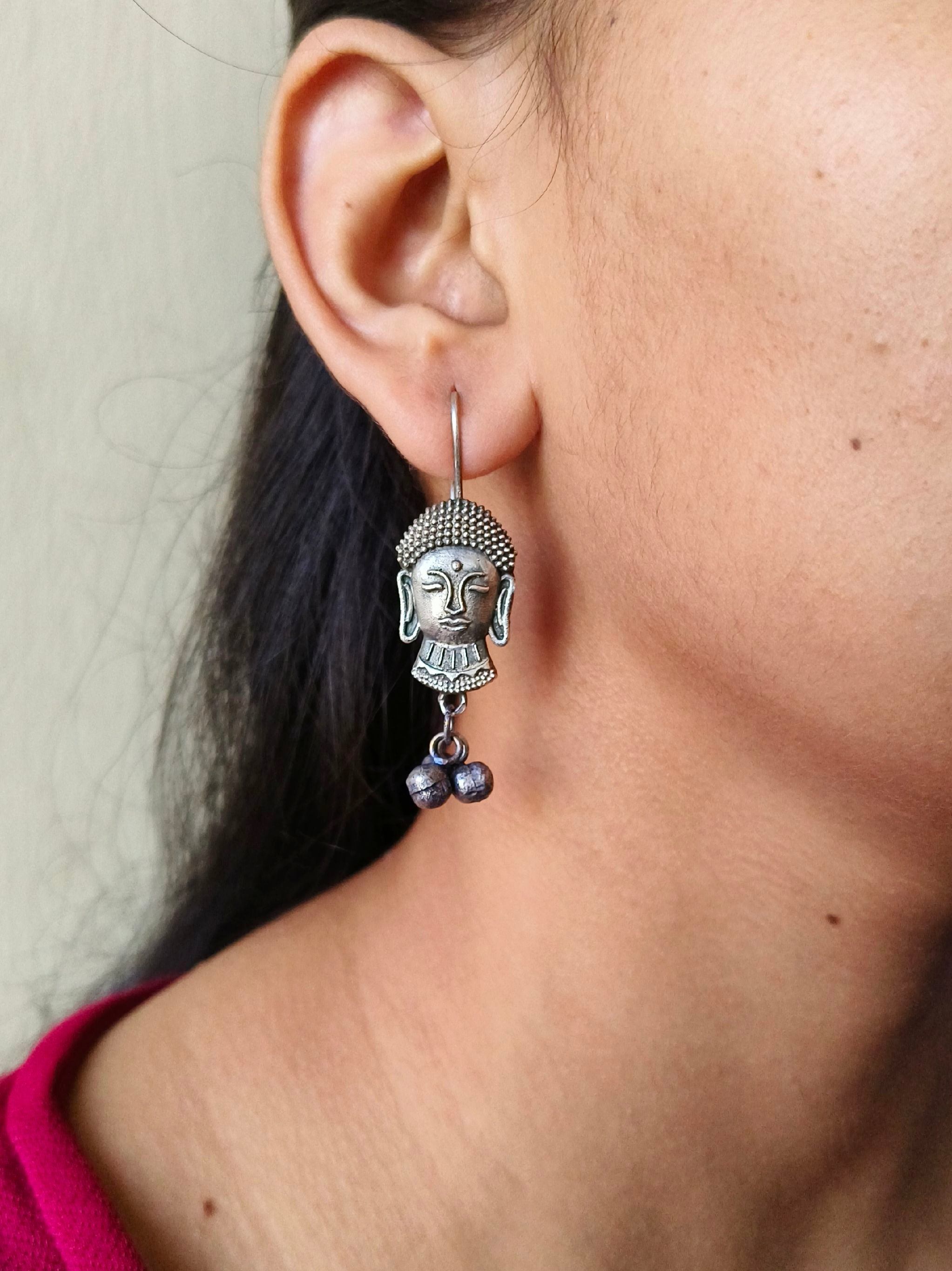 Antique Silver Buddha Face Hook Earrings  | Sarichka Fashion