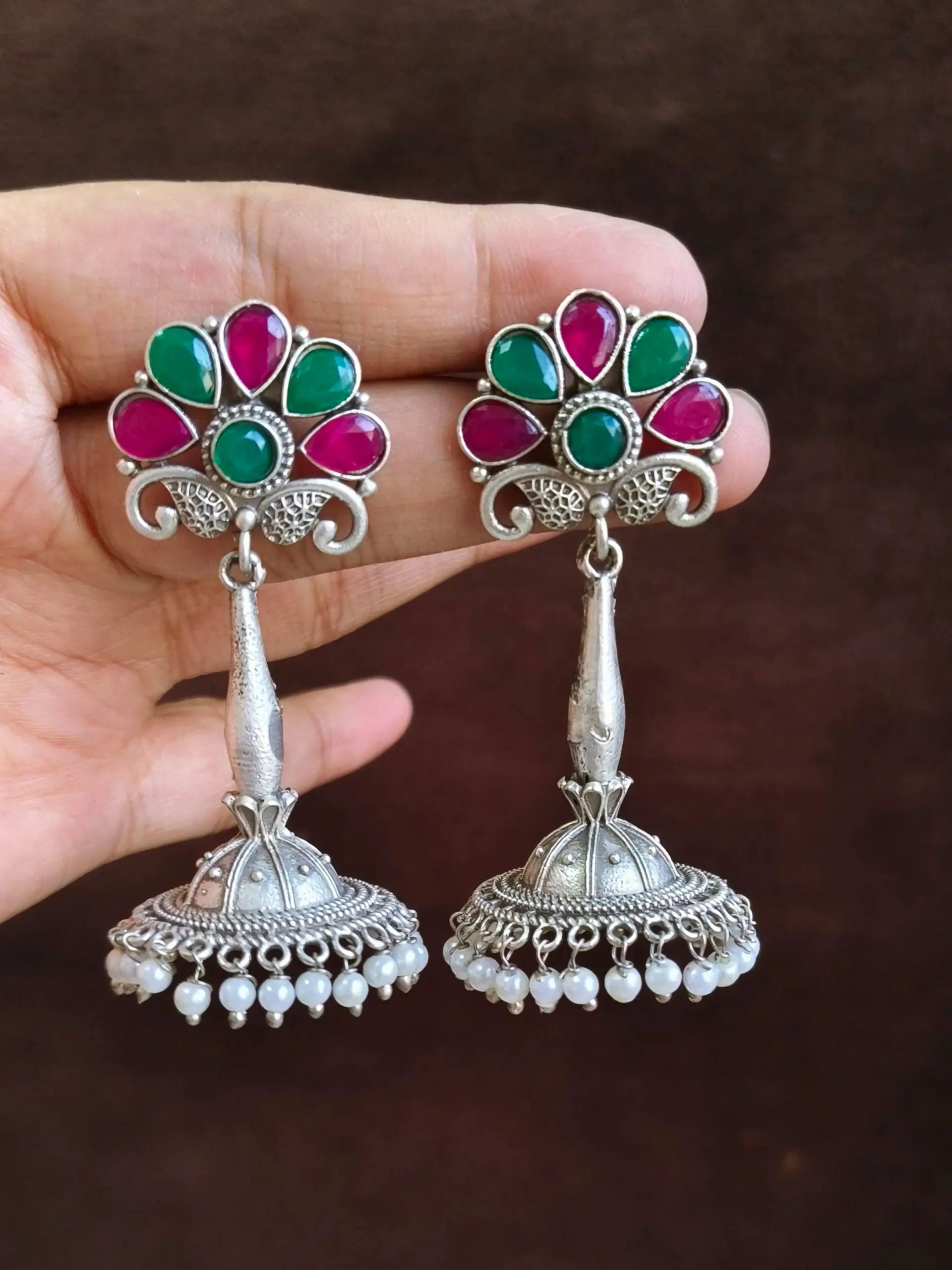 Antique Silver Pearl Jhumka Earrings | Sarichka Fashion