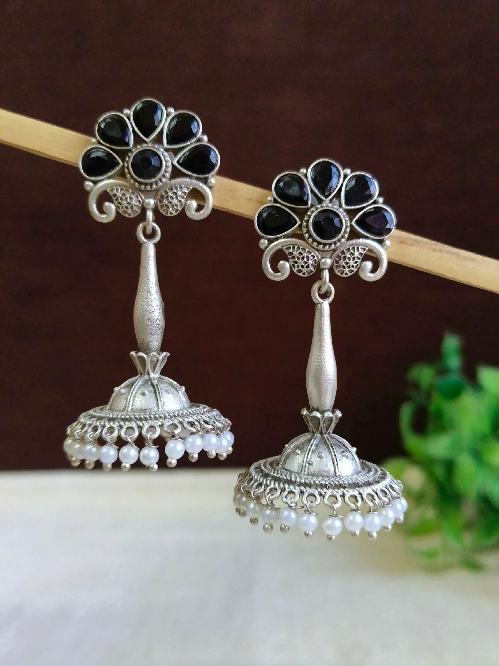 Antique Silver Pearl Jhumka Earrings | Sarichka Fashion