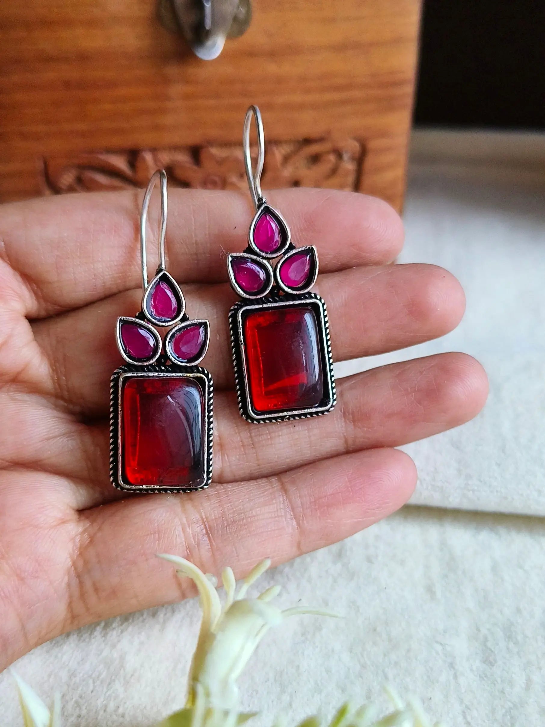 Oxidised Monalisa Stone Hook Earrings | Sarichka Fashion