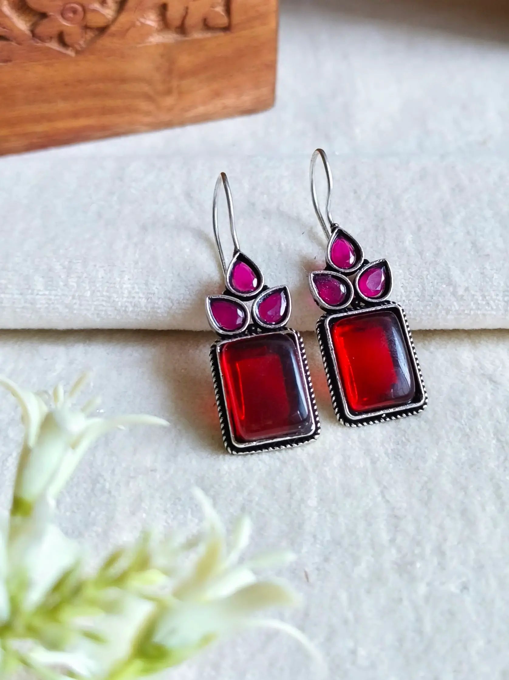 Oxidised Monalisa Stone Hook Earrings | Sarichka Fashion