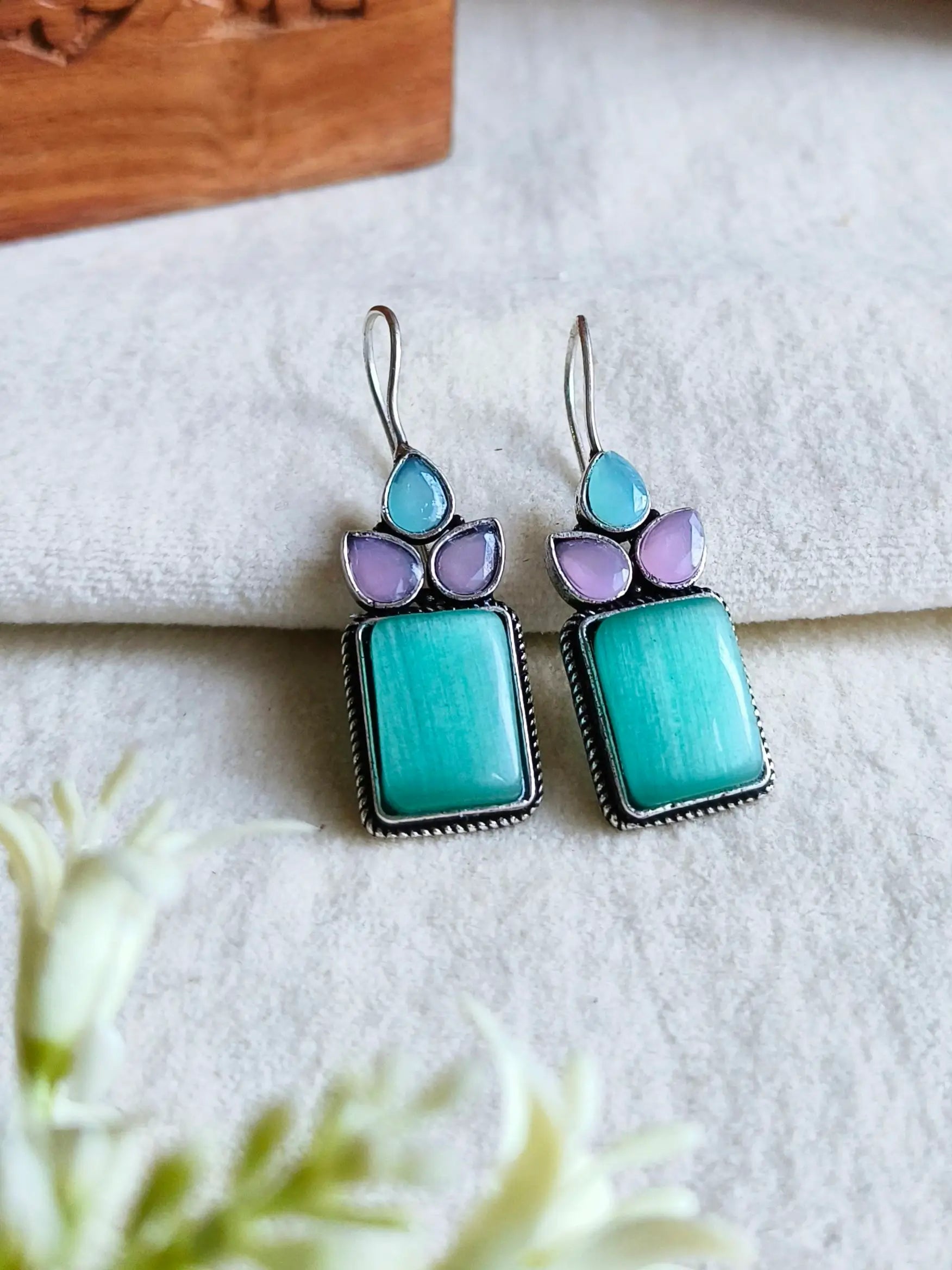 Oxidised Monalisa Stone Hook Earrings | Sarichka Fashion