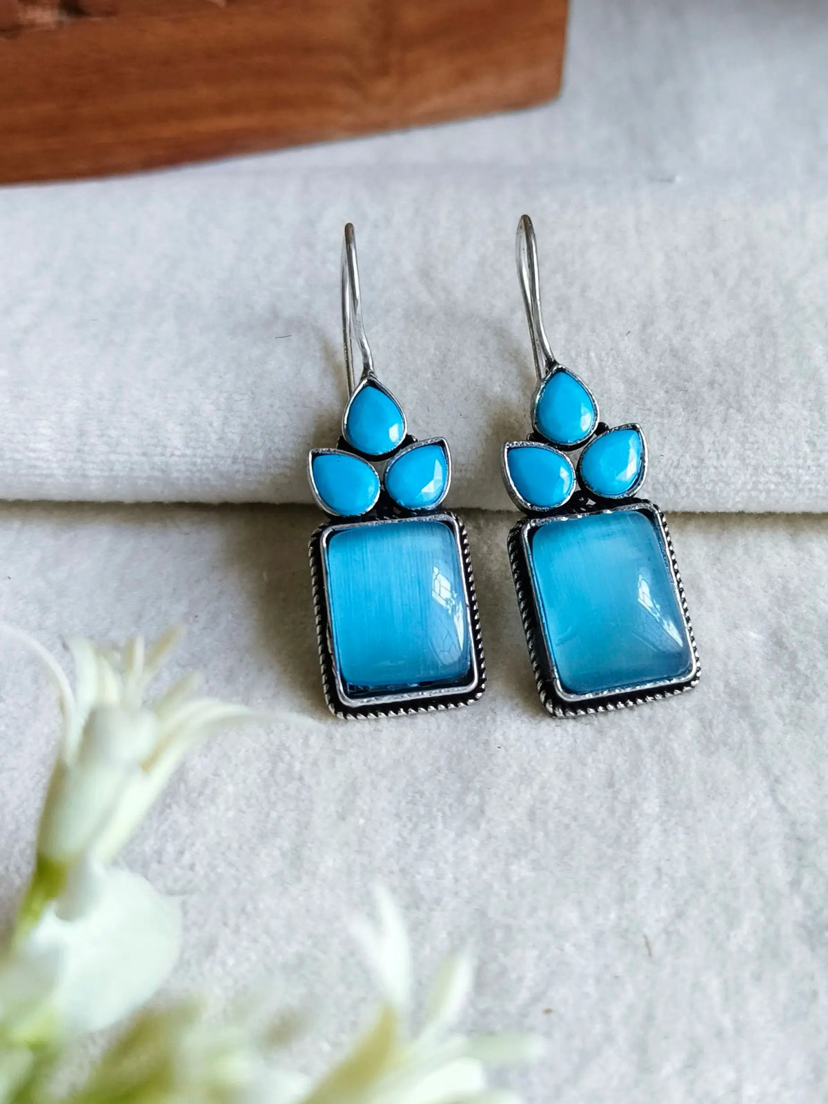 Oxidised Monalisa Stone Hook Earrings | AMOLA