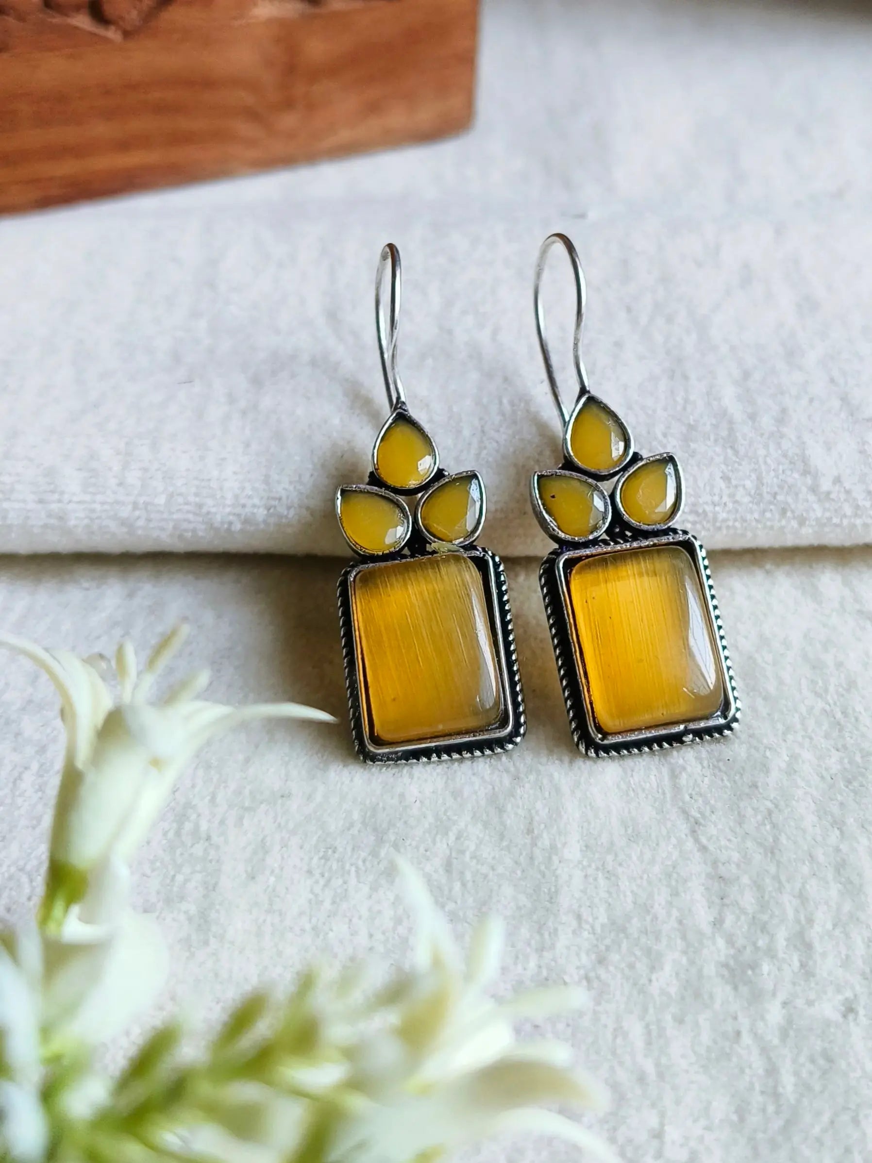 Oxidised Monalisa Stone Hook Earrings | Sarichka Fashion