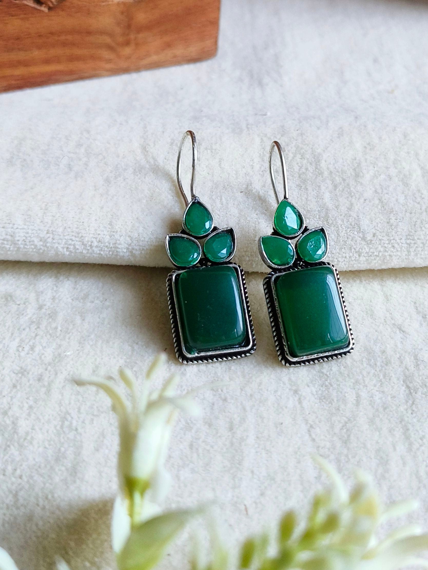 Oxidised Monalisa Stone Hook Earrings | Sarichka Fashion
