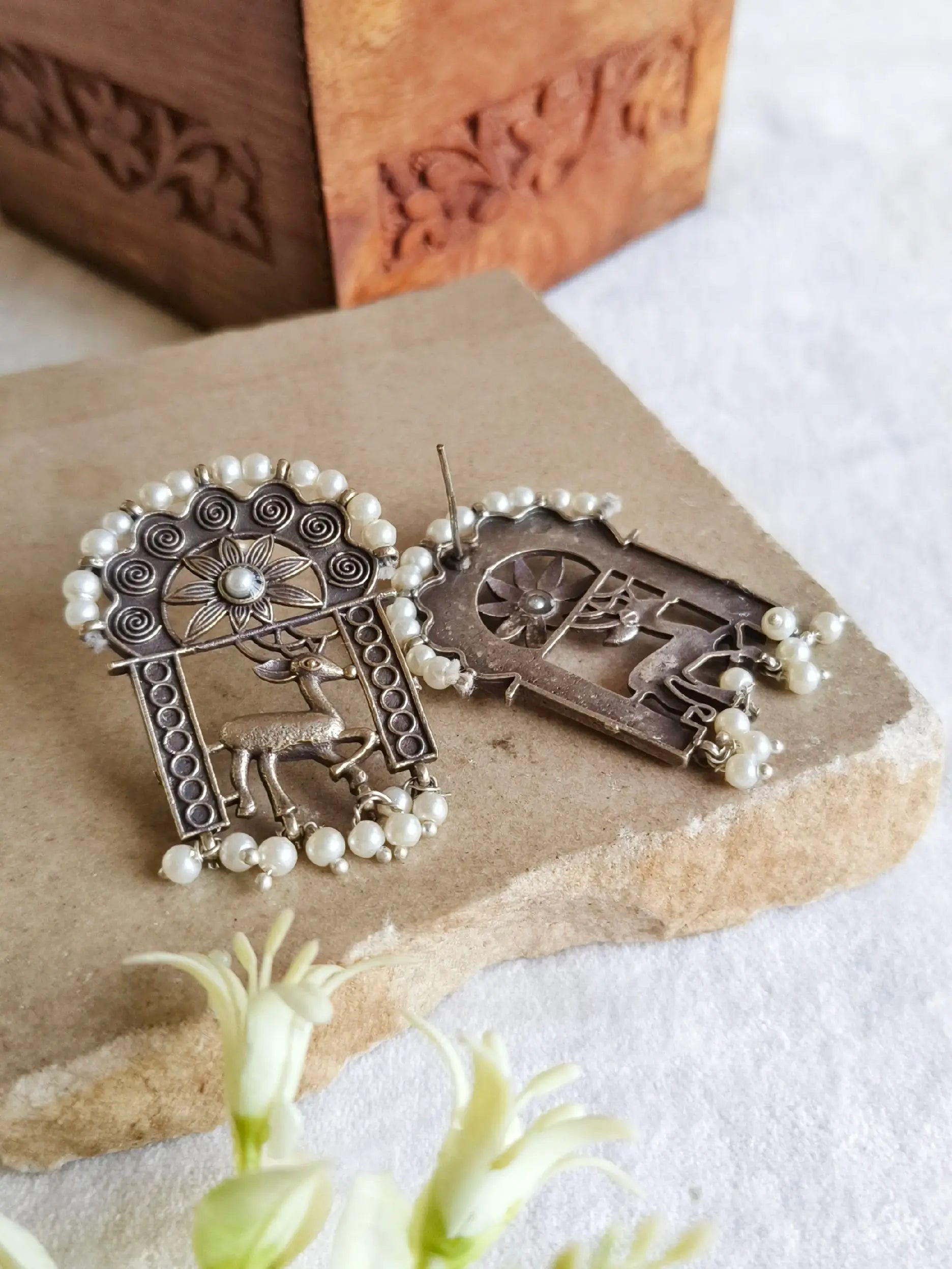 Oxidized Deer Antique Pearl Earrings | Sarichka Fashion