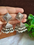 Silver Oxidised Pearl Drop Jhumka Earrings | Sarichka