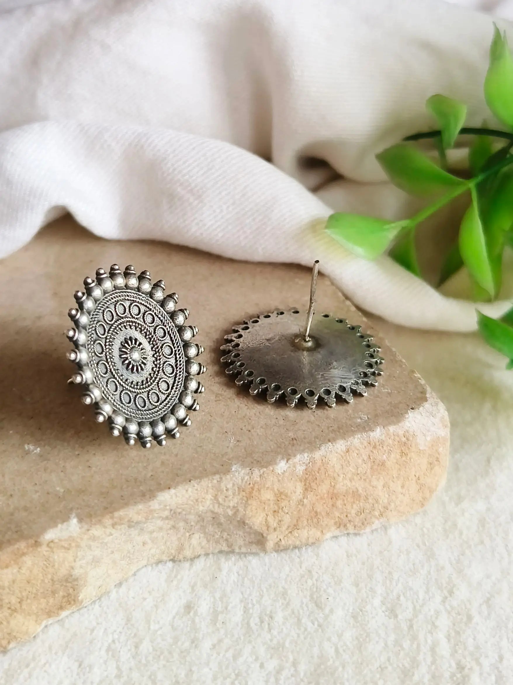 Elegant Oxidised Silver Floral Stud Earrings | Sarichka