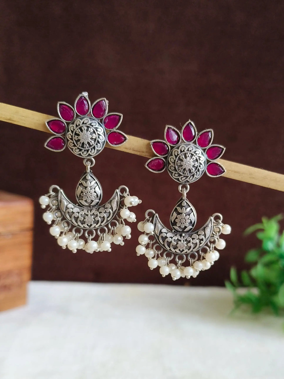 Antique Silver Oxidised Gemstone Dangler Earrings | Sarichka
