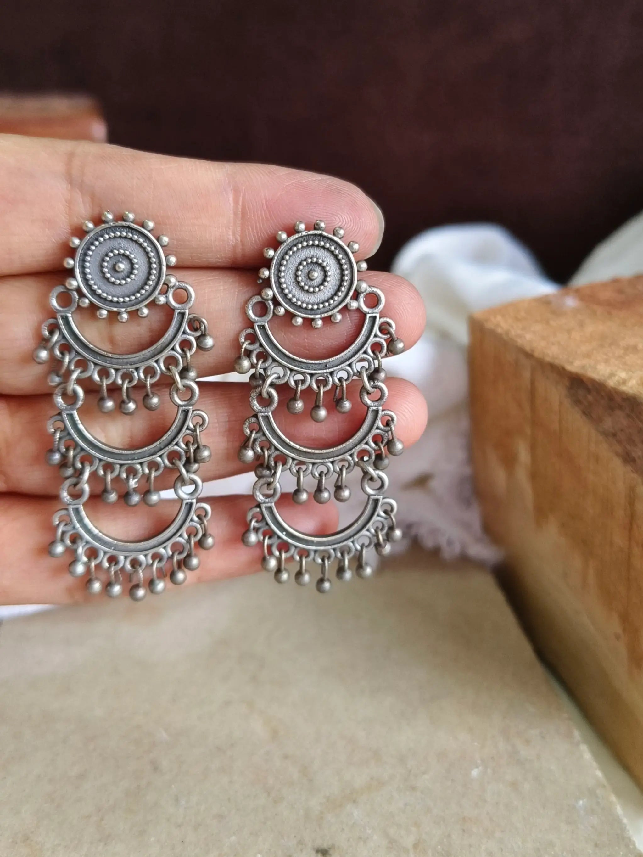 Multilayered Afghani Tribal Silver Plated Oxidised Earrings | Sarichka