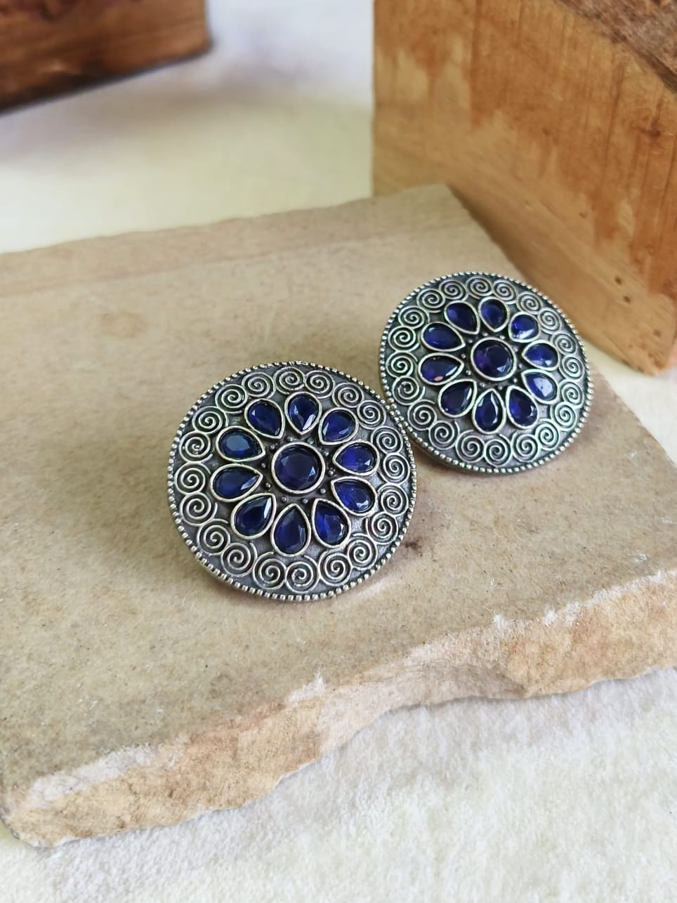 Oxidised Silver Round Gemstone Studs | Sarichka