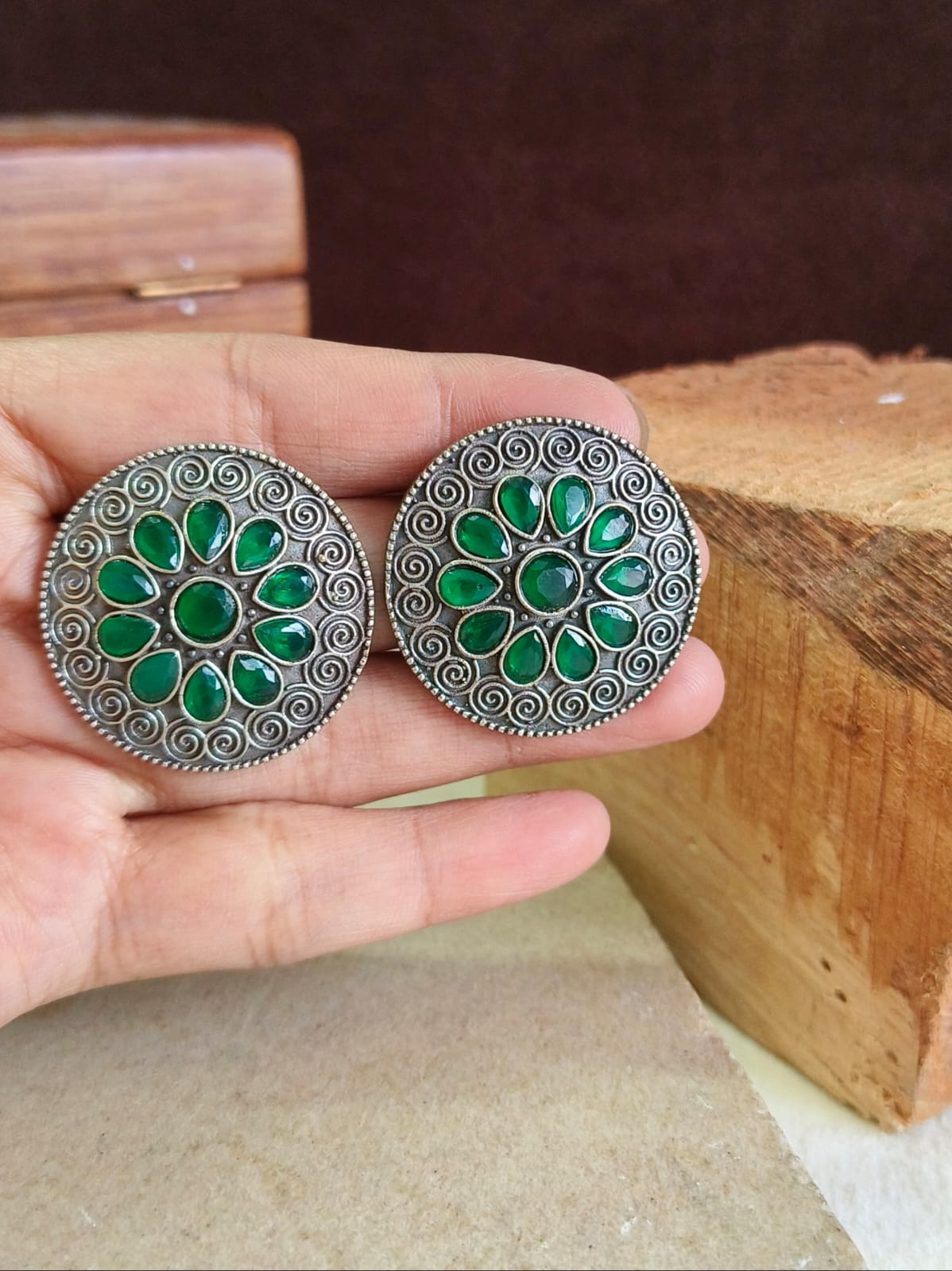 Oxidised Silver Round Gemstone Studs | AMOLA