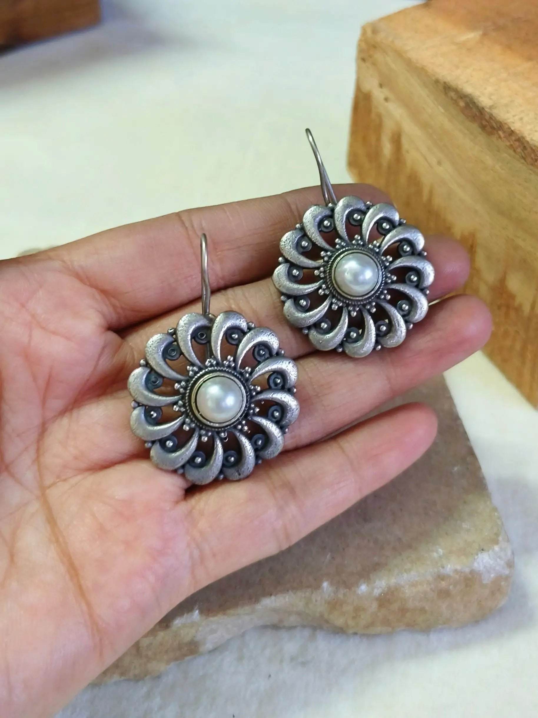Oxidised Pearl Floral Drop Earrings for Women | Sarichka