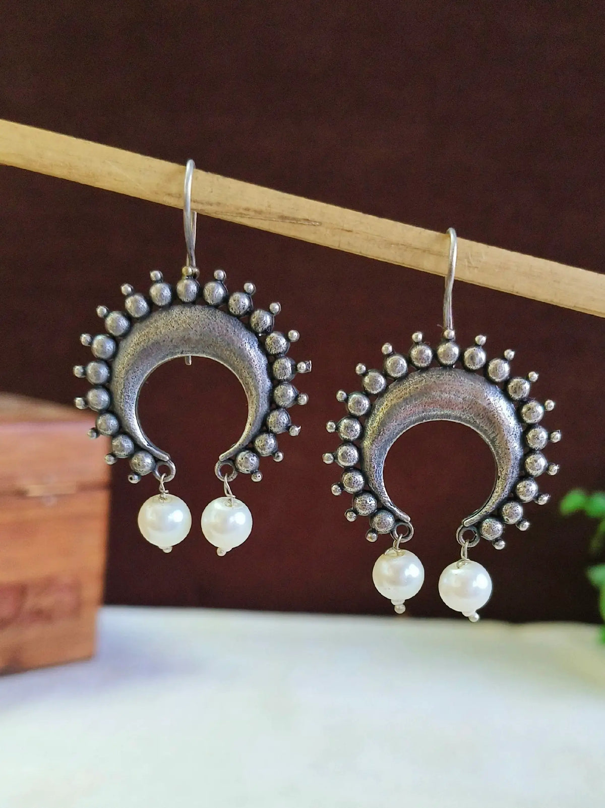 925 Silver Half Moon Oxidised Pearl Hook Earrings | Sarichka