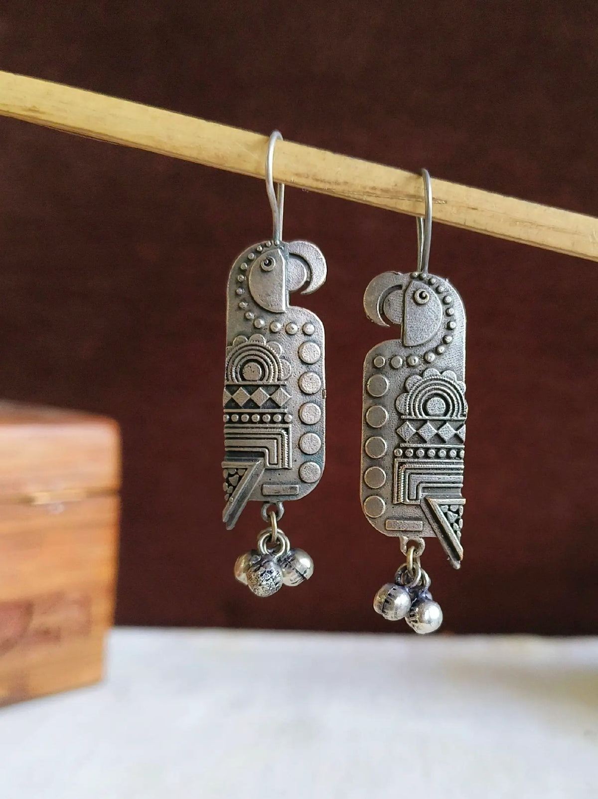 Silver Parrot Ghungroo Drop Earrings | Sarichka