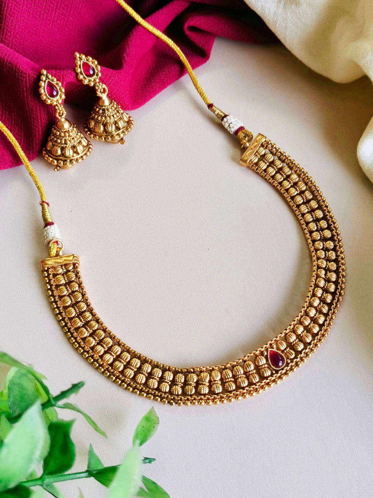 Gold-Plated Traditional Temple Design Necklace Set | Sarichka