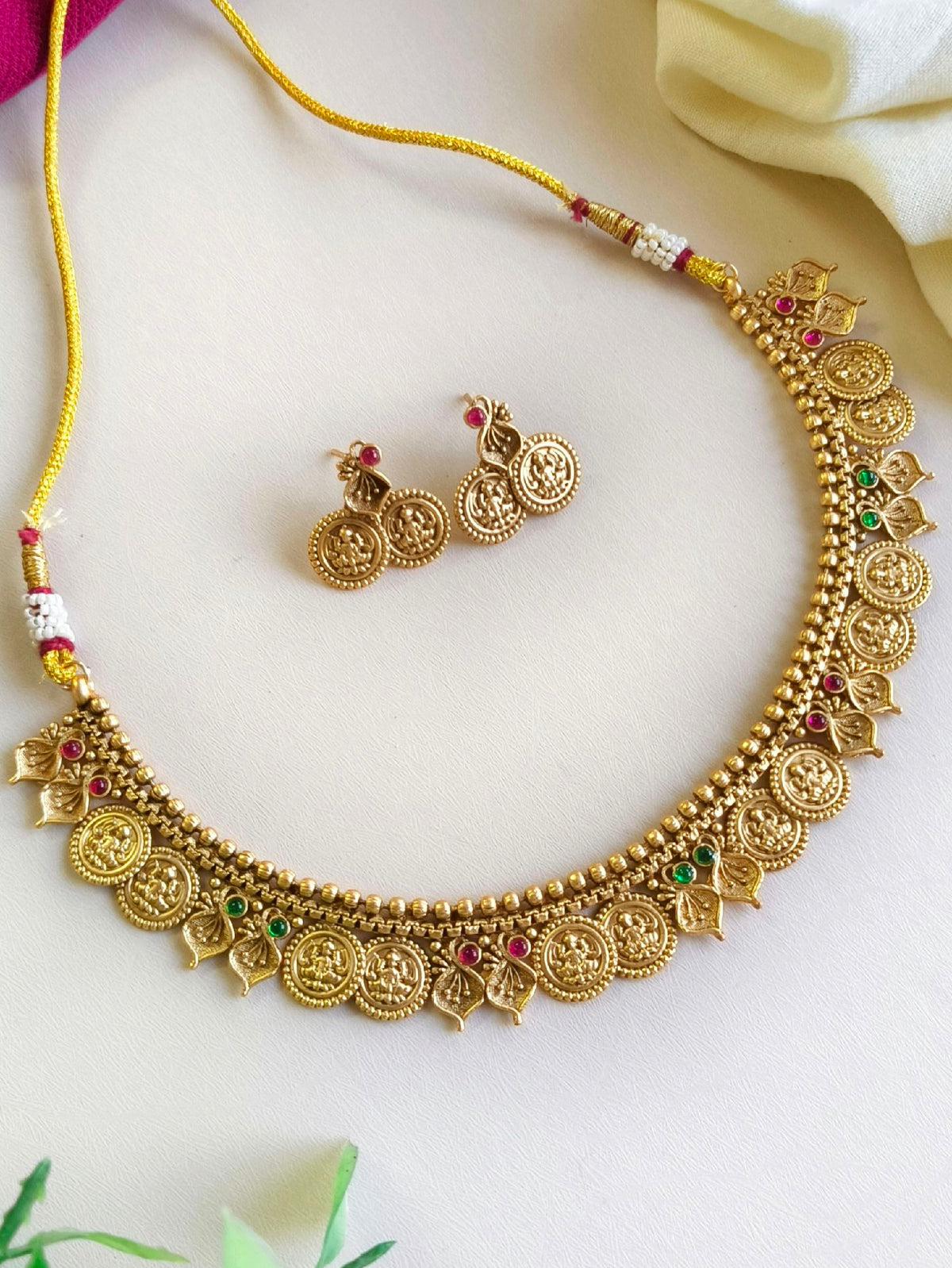 Traditional Laxmi Goddess Gold Coin Necklace Set | Sarichka