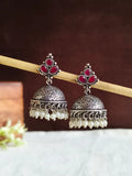 Red-Green Stone Pearl Oxidised Jhumka | Sarichka