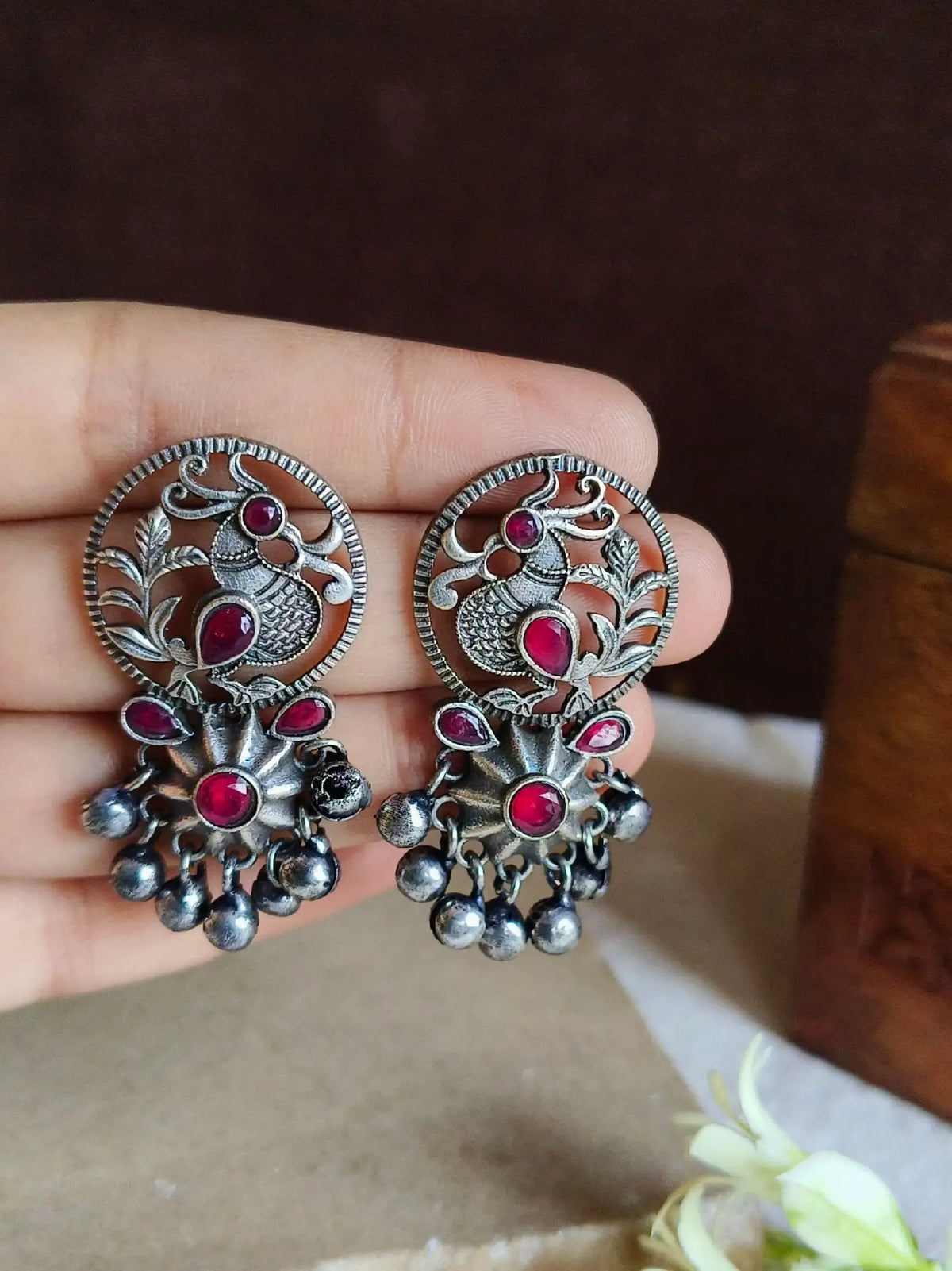 Oxidised Silver Red Stone Ghungroo Studded | Sarichka