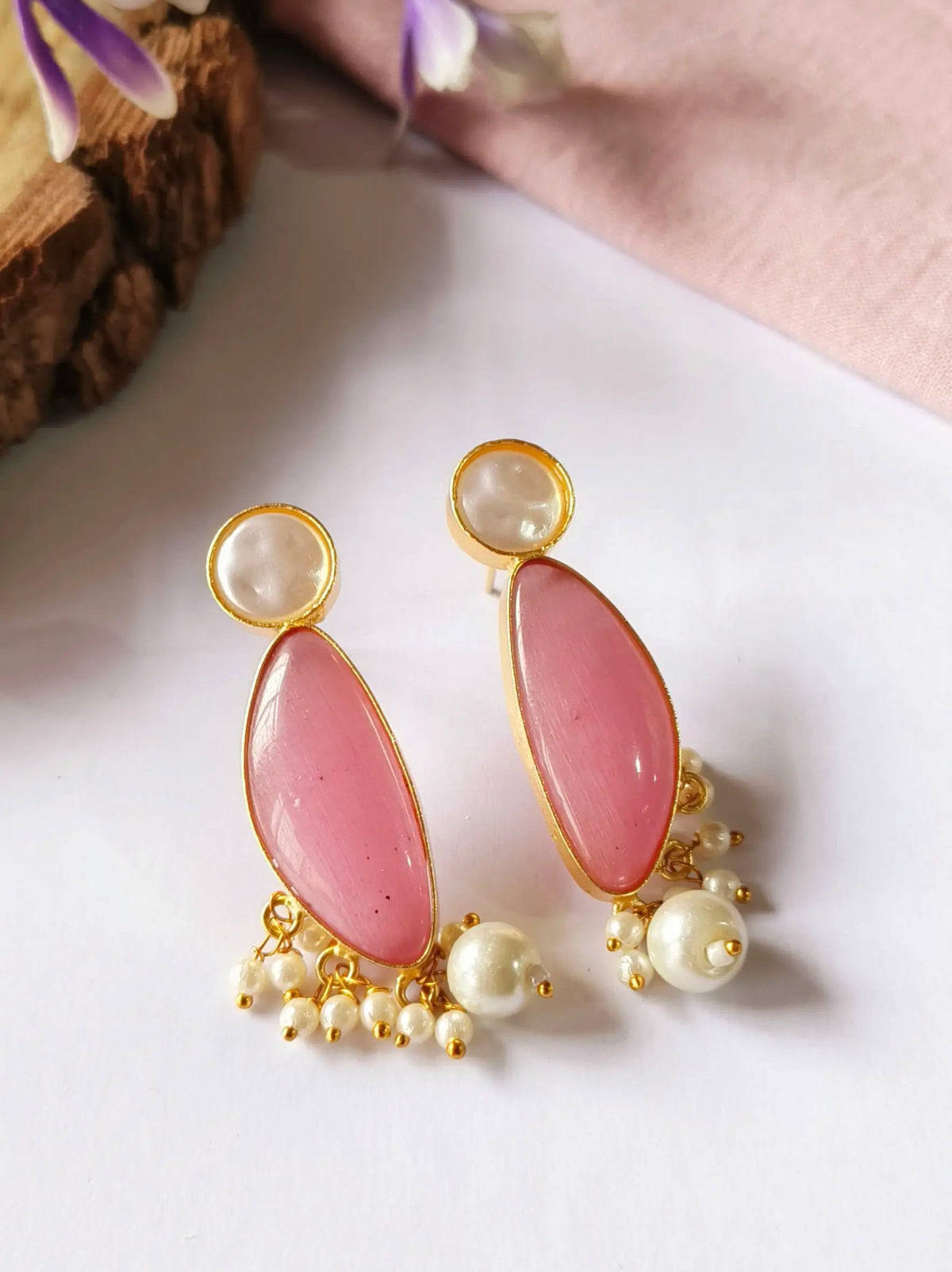 Pink Monalisa Stone Pearl Drop Studs | AMOLA