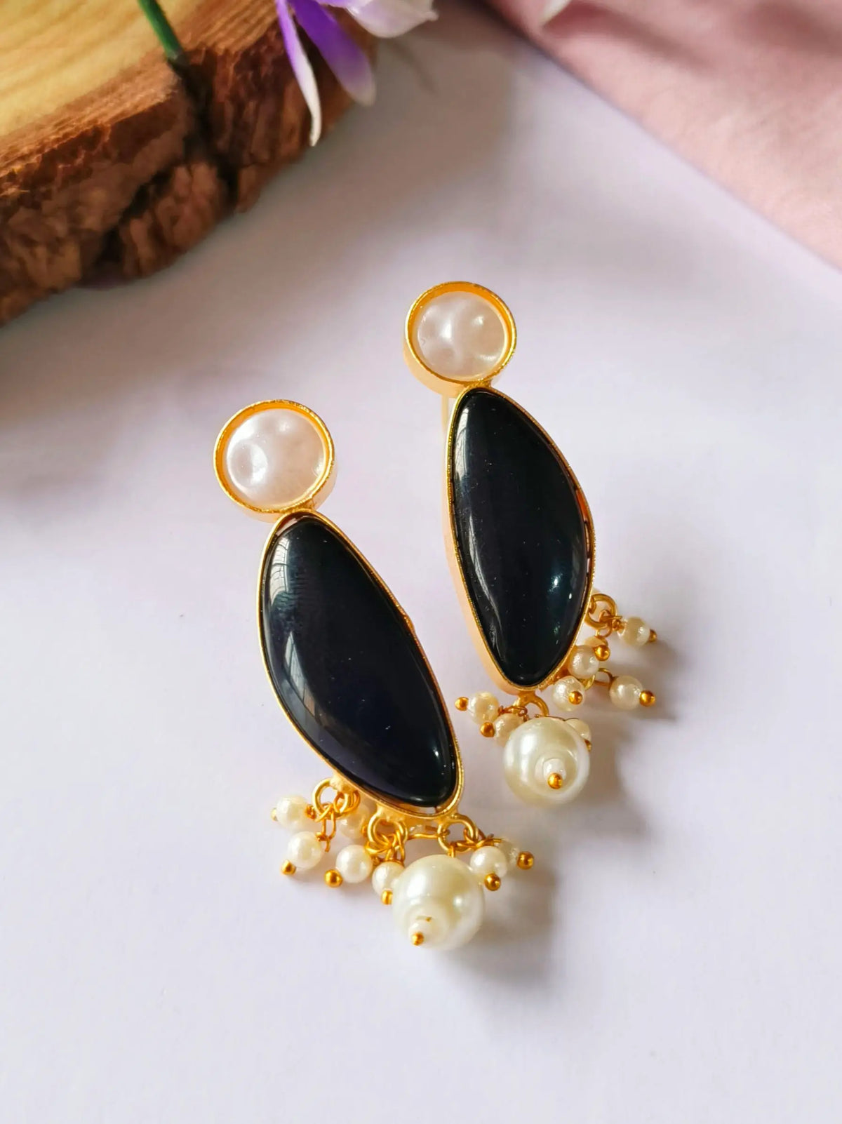 Pink Monalisa Stone Pearl Drop Studs | AMOLA