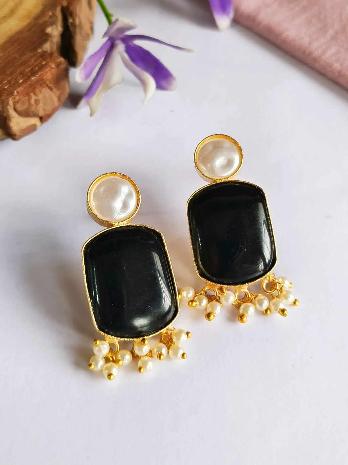 Golden Monalisa Pearl Drop Handmade Studs | AMOLA