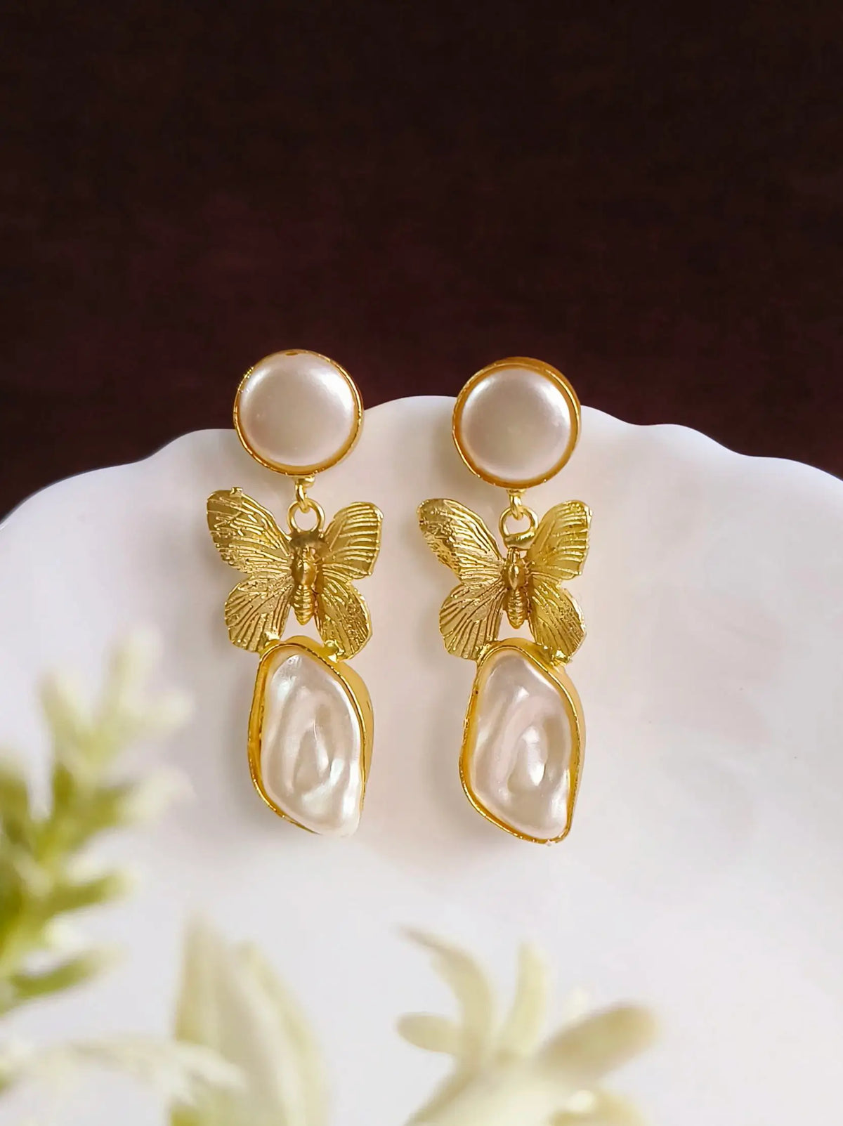 Golden Pearl-Beaded Butterfly Drop Earrings | Sarichka