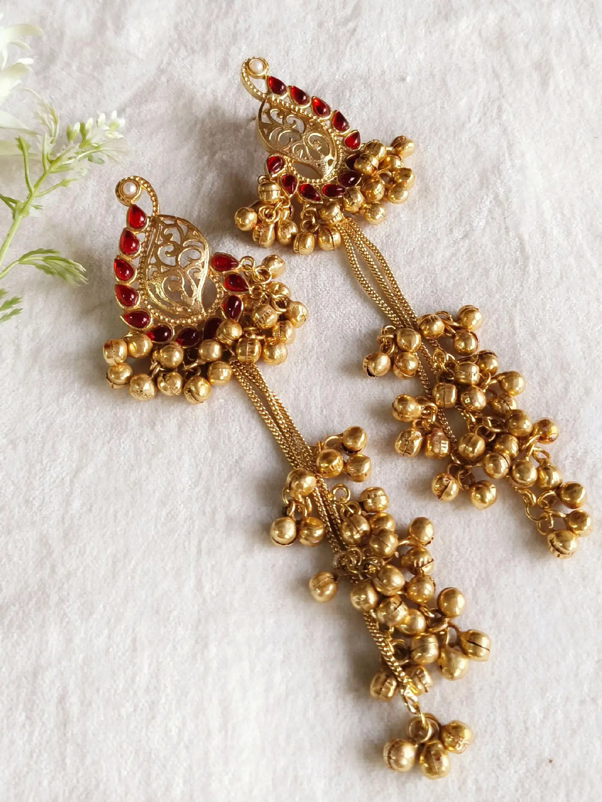 Red-Stone Kashmiri Ghungroo Drop Earrings | Sarichka