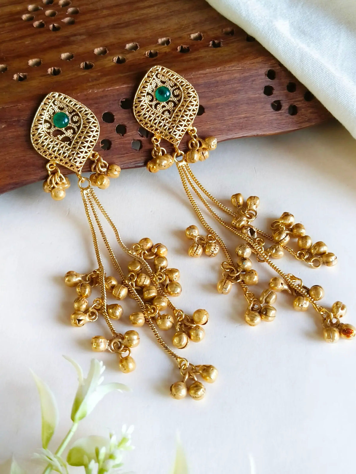 Kashmiri Golden Long Ghungroo Danglers Earring | Sarichka