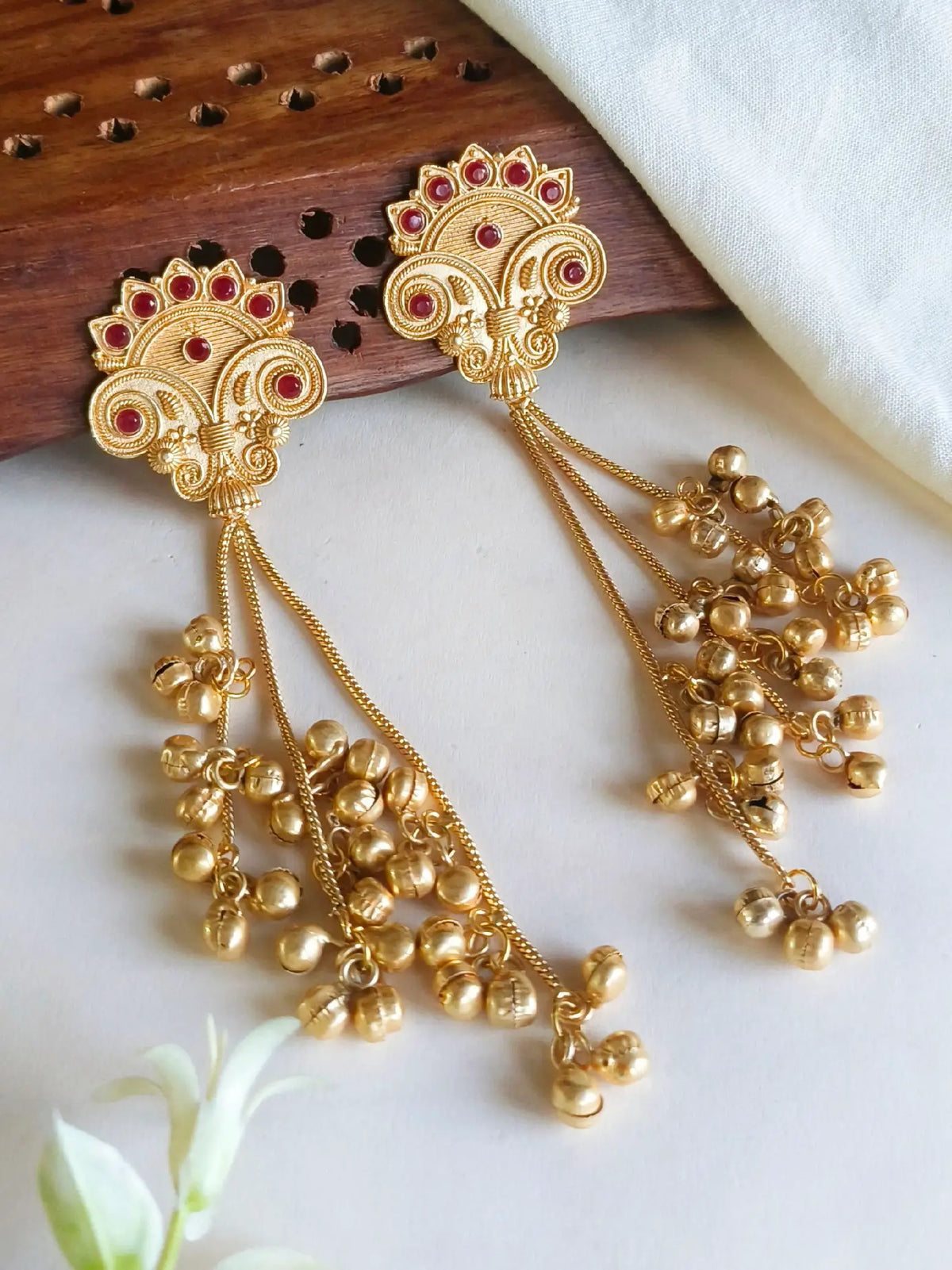 Traditional Red-Stone Kashmiri Ghungroo Earrings | AMOLA