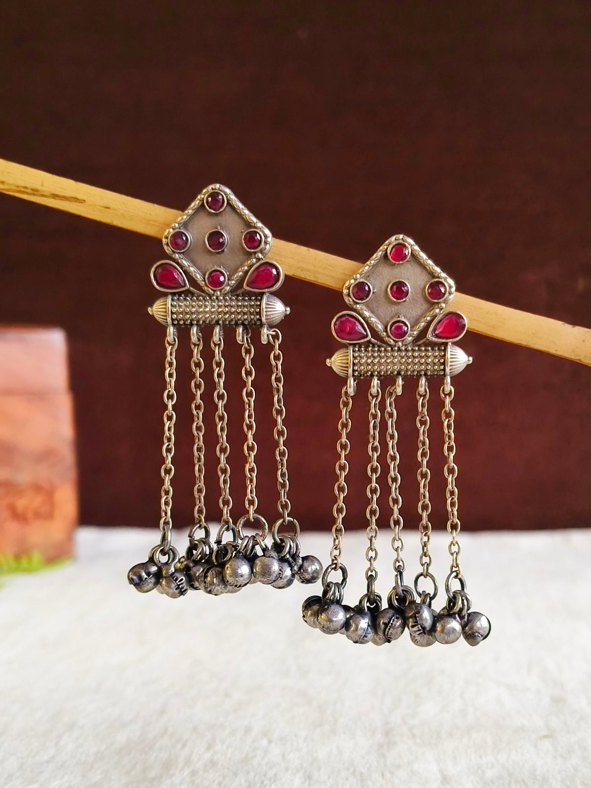 Oxidised Silver Long Gemstone Dangler Earrings | Sarichka