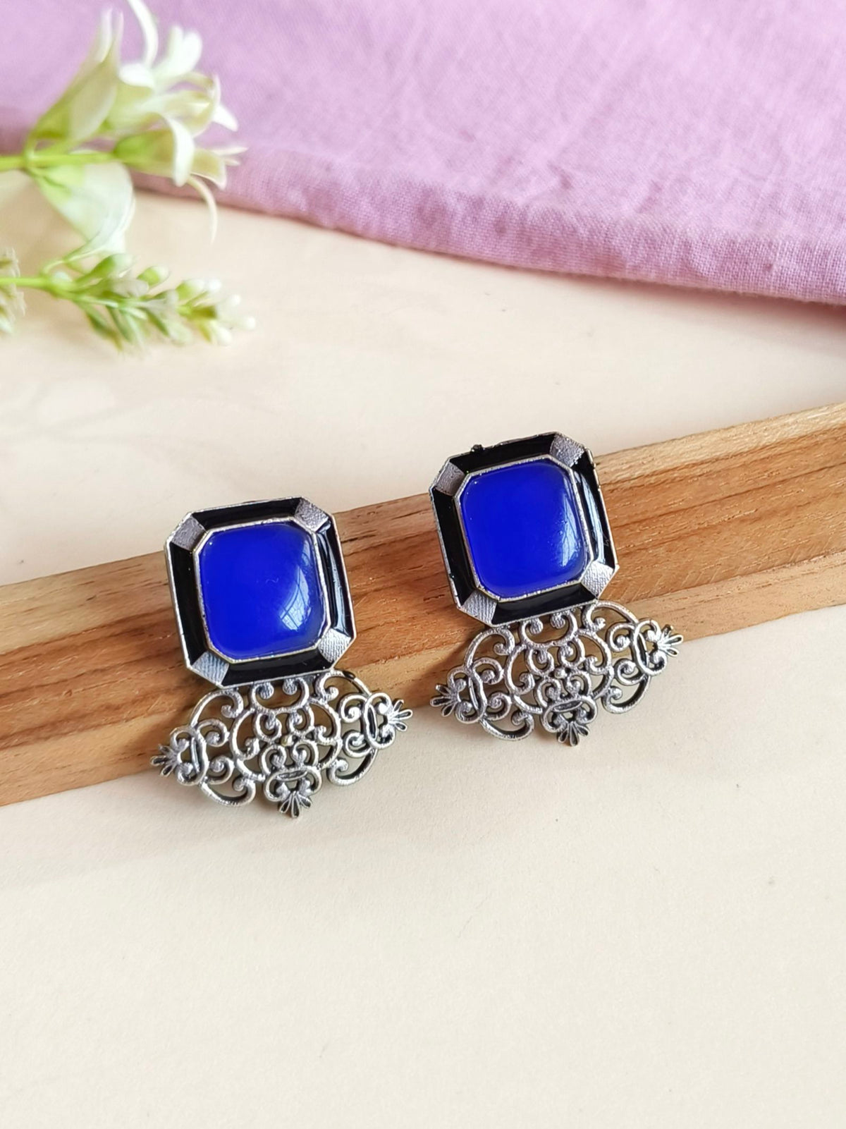 Oxidized Silver Plated Turquoise Stone Studs | AMOLA