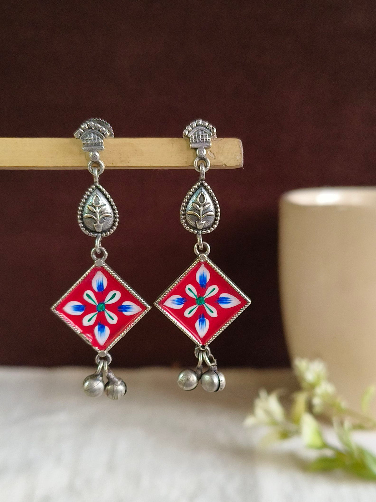 Hand Painted Oxidised Silver Enamel Earrings | Sarichka