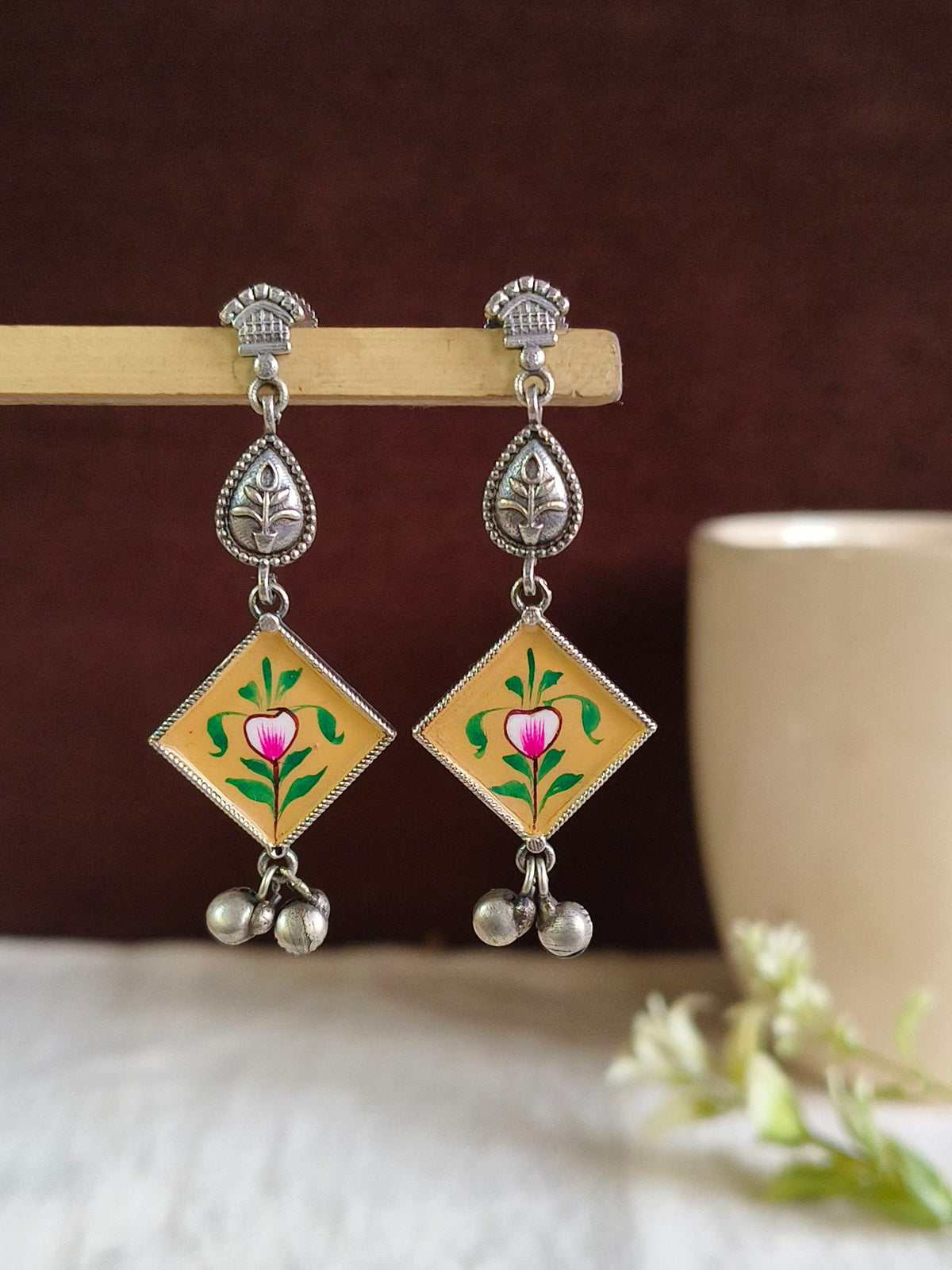Hand Painted Oxidised Silver Enamel Earrings | AMOLA