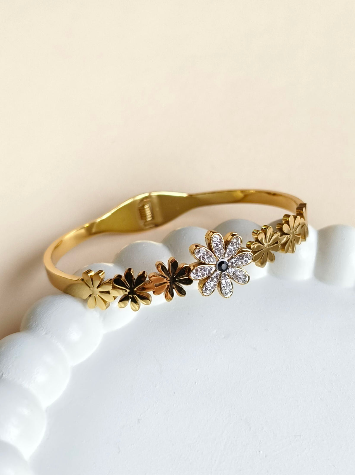 Golden Toned Floral Crystal open Bangle Bracelet