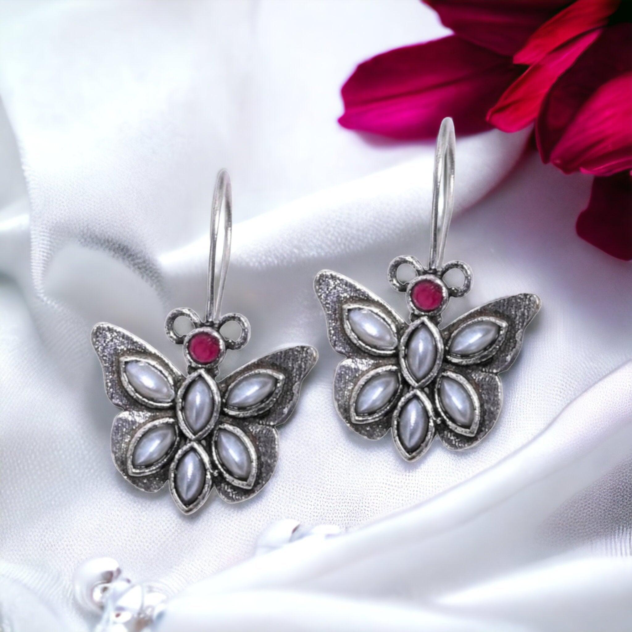 Oxidized Silver Replica Butterfly Daily Wear Hook Earring - Sarichka Fashion