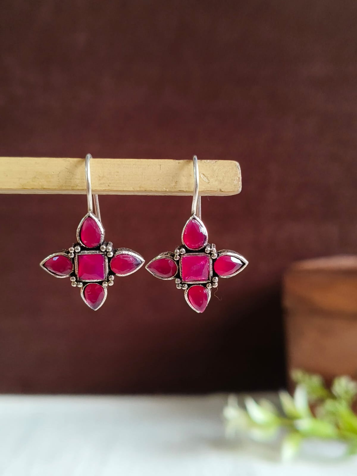 Oxidized Silver Pink Stone Hook Earring | AMOLA