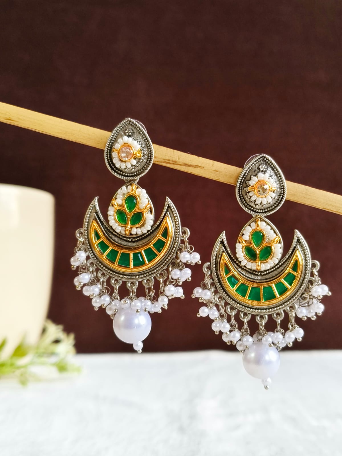 Dual Tone Kundan Pearl Chandbali Dangler | AMOLA