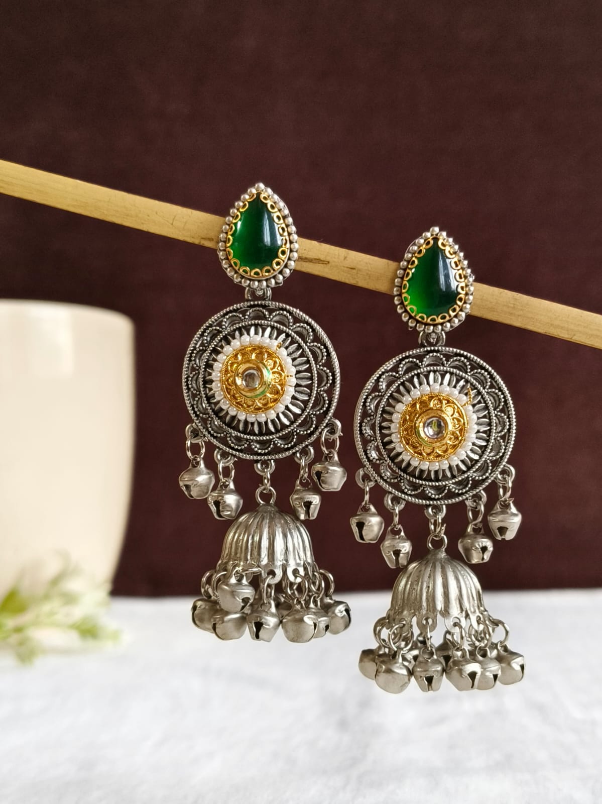 Dual Tone Oxidized Silver Jhumka Earrings | AMOLA