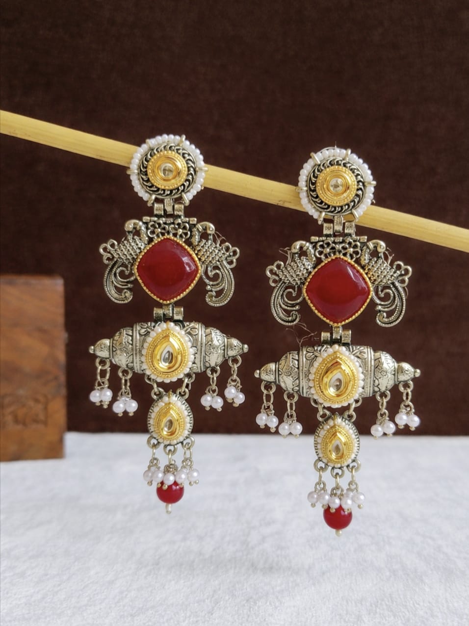 Dual Tone Oxidised Stone Studded Drop Earrings | AMOLA