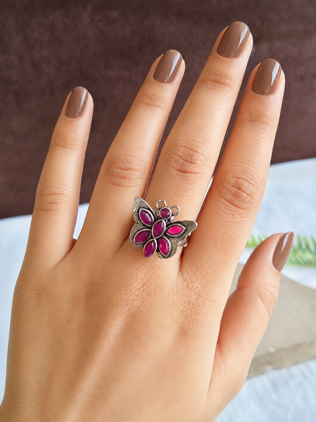 Oxidised Silver Butterfly Gemstone Ring |  AMOLA