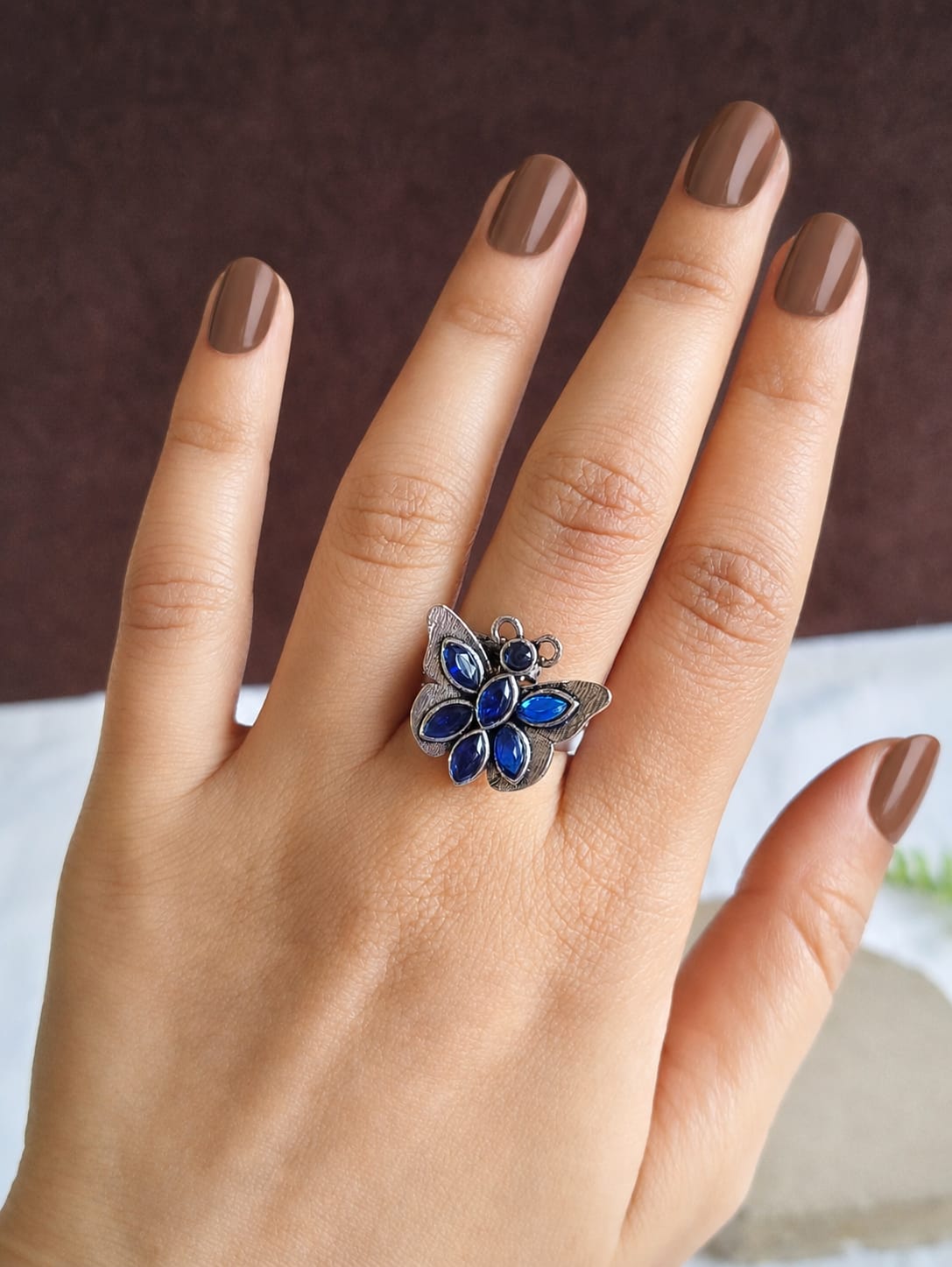 Oxidised Silver Butterfly Gemstone Ring |  AMOLA