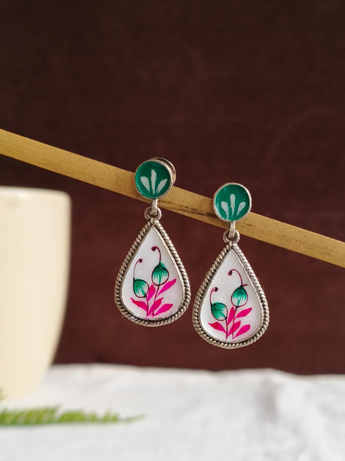 Oxidised Teardrop Enamel Dangler Earrings | Amola