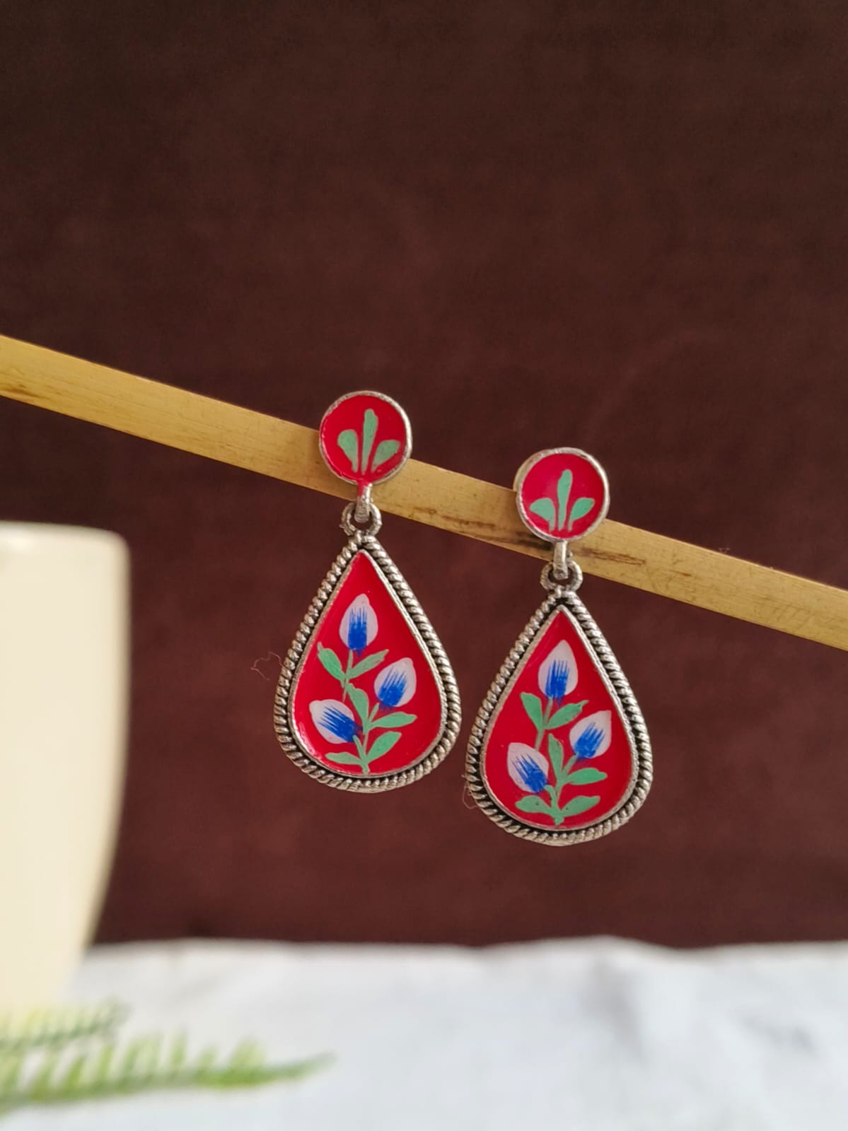 Oxidised Teardrop Enamel Dangler Earrings | Amola