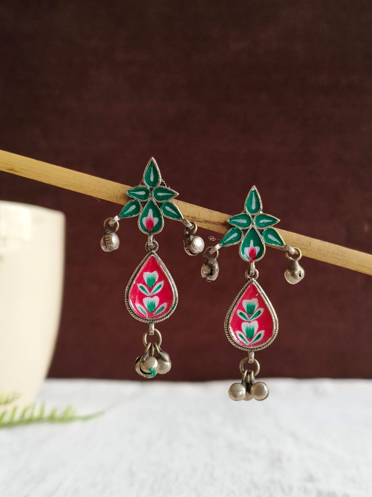 Hand-Painted Meenakari Floral Oxidized Silver Earring